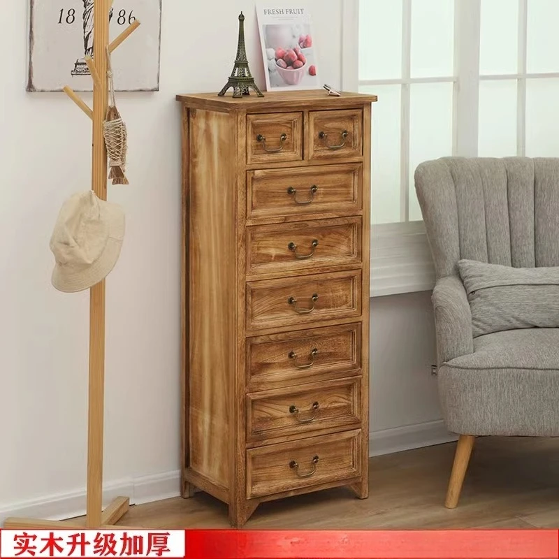 Drawer storage cabinet Living room solid wood chest bedroom American retro locker Organizing cabinet Multi-layer storage