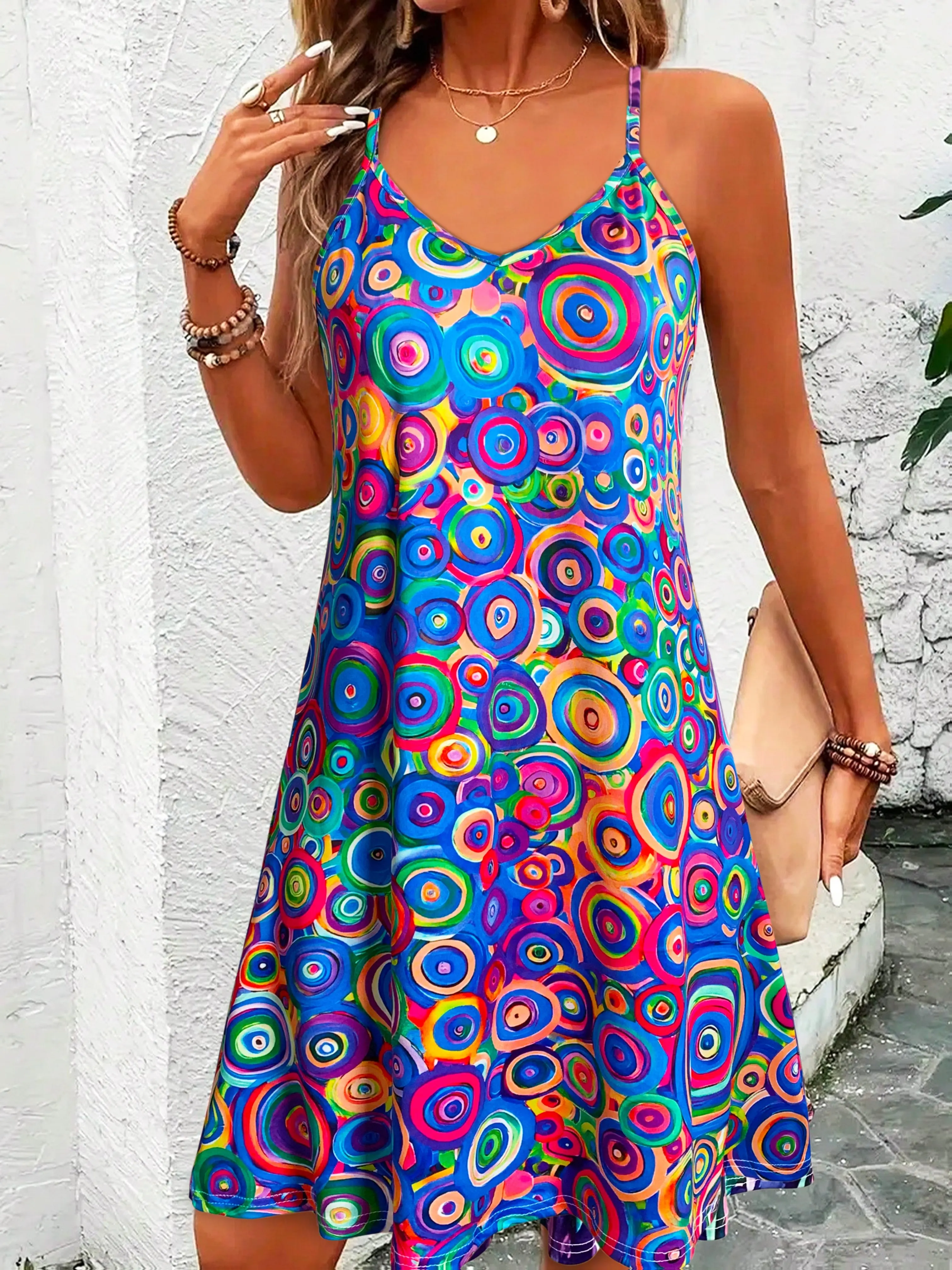 Women Colorful Circle Print V Neck Spaghetti Strap A Line Mini Dress Casual Summer Sleeveless Sundress Standard Size
