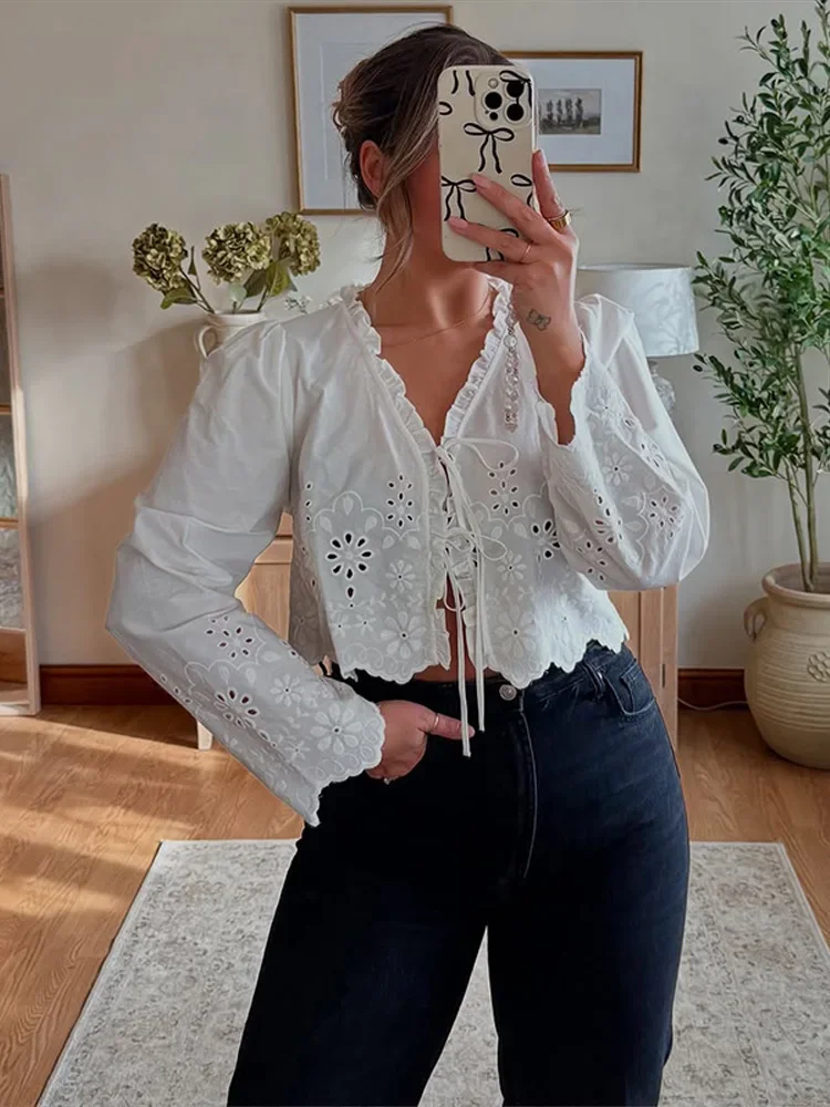 

Women's Shirts Elegant Embroidery Hollow Out Lace Up Deep V-neck Full Sleeve Short Blouse Female 2025 Spring Fashion Lady Top