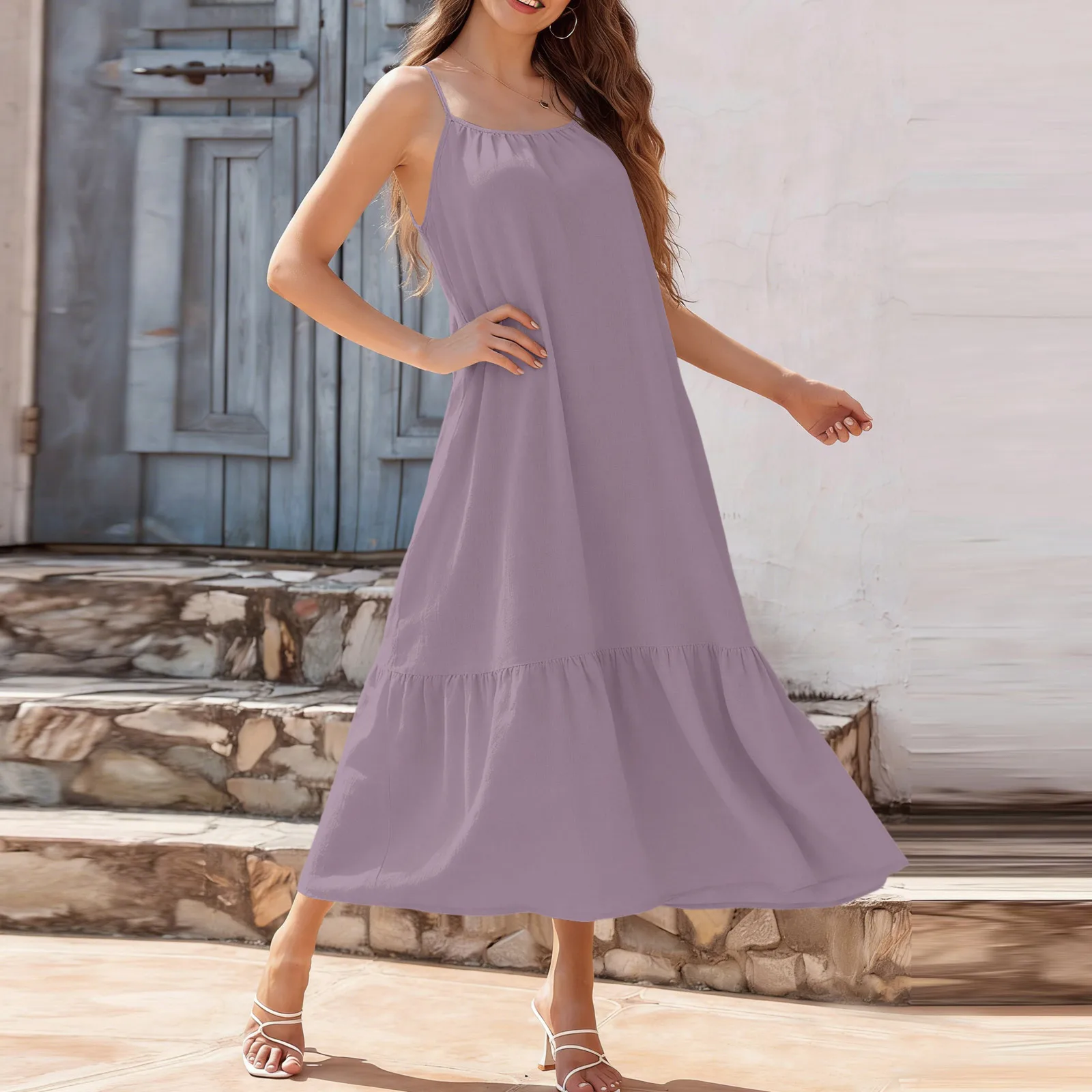 ชุดเดรสฤดูร้อนสำหรับผู้หญิง สายเดี่ยว คอวี แต่งระบาย จับสม็อค ทรงพลิ้ว สไตล์โบฮีเมียน ยาว