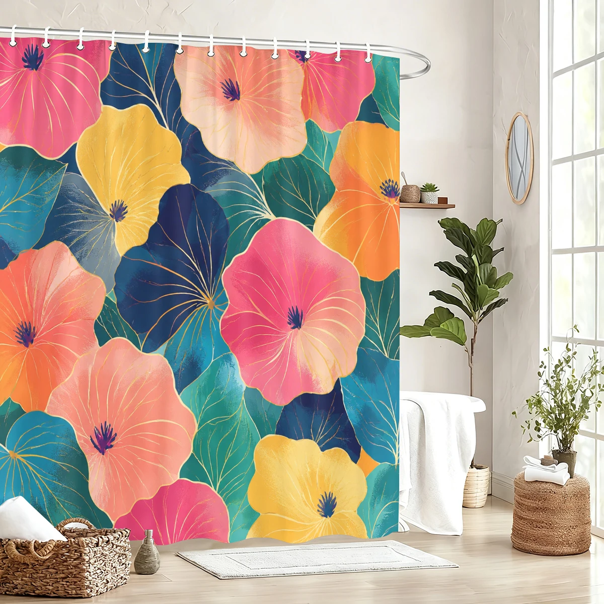 cortina-de-banheira-em-poliester-com-padrao-floral-tropical-e-flamingos-decoracao-vibrante-para-banheiro-com-designs-botanicos-exoticos
