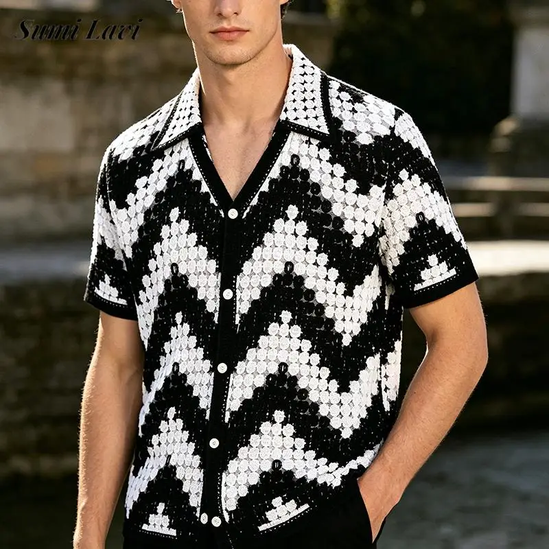 

Seaside Beach Casual Mens Knit Shirts 2026 Summer Fashion Striped Crochet Knitting Shirt Men Vintage Short Sleeve Cardigan Tops
