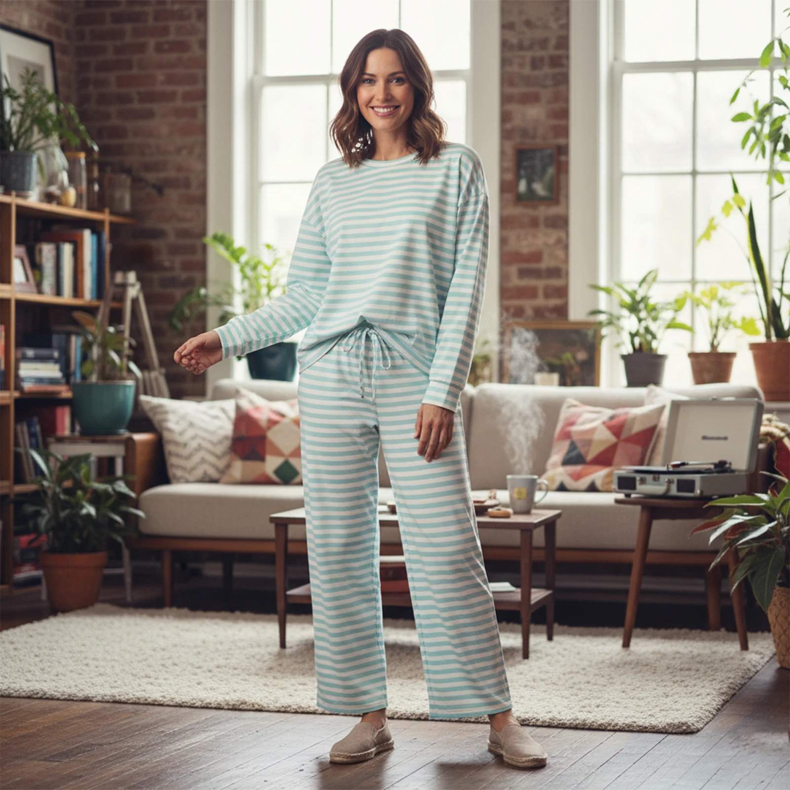 طقم نسائي خريفي مكون من قطعتين، بلوزات أنيقة مخططة بياقة دائرية وأكمام طويلة وسراويل مستقيمة الساق، بدلات فضفاضة غير رسمية #3