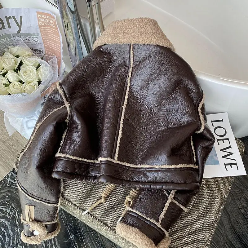 Winter New  Women's Padded and Fleeced Short Jacket Biker Suit Brown Suede Fur Coat Girl's Top