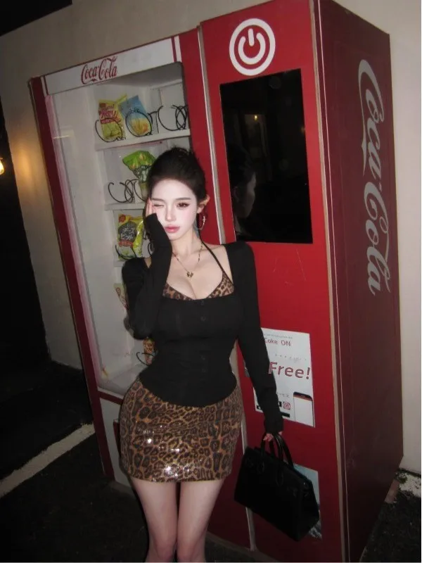 Korean Style Winter Outfit Women 2026 New Spicy Girl Pure Desire Knitted Top Half Skirt Leopard Print Set Ladies Commute