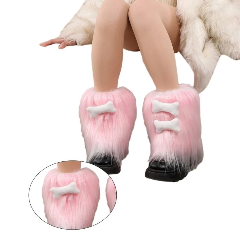 Women Japanese Furry Boot Cover Anime Bone Plush Leg Warmer Sock 15UB