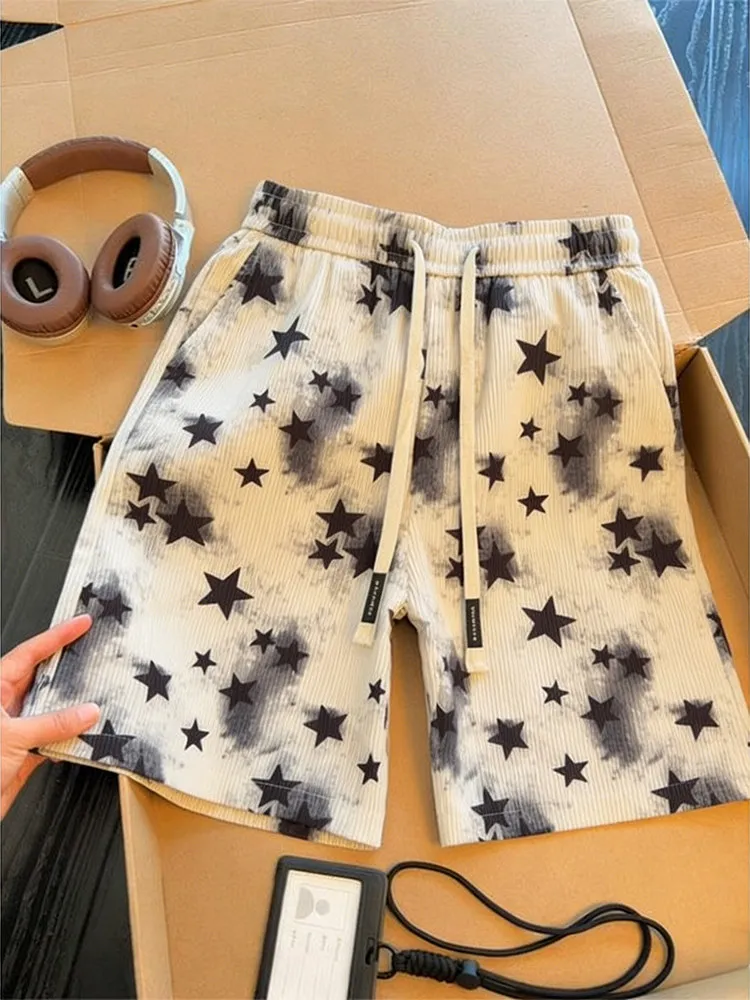 Tie-Dye Print Star Shorts Ice Silk Drawstring Quick Dry Breathable Summer Beach Casual Pants Loose Fit Straight Leg Jeans