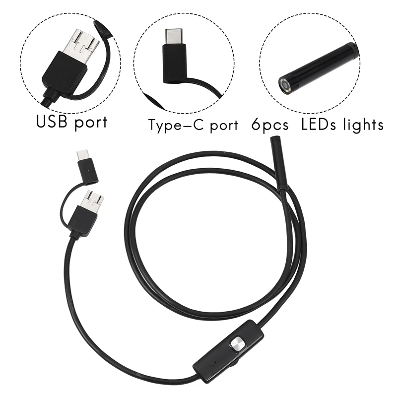 XTECH 3-In-1 Industrial Endoscope Borescope Inspection Camera Built-In 6 Leds IP67 Waterproof USB Type-C Endoscope For Android S