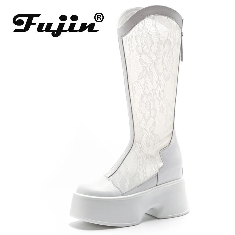 

Fujin 11cm New Air Mesh Sandals Women Knee High Boots Lace Thick Heels ZIP Summer Hollow Platform Wedge Fashion Breathable Shoes