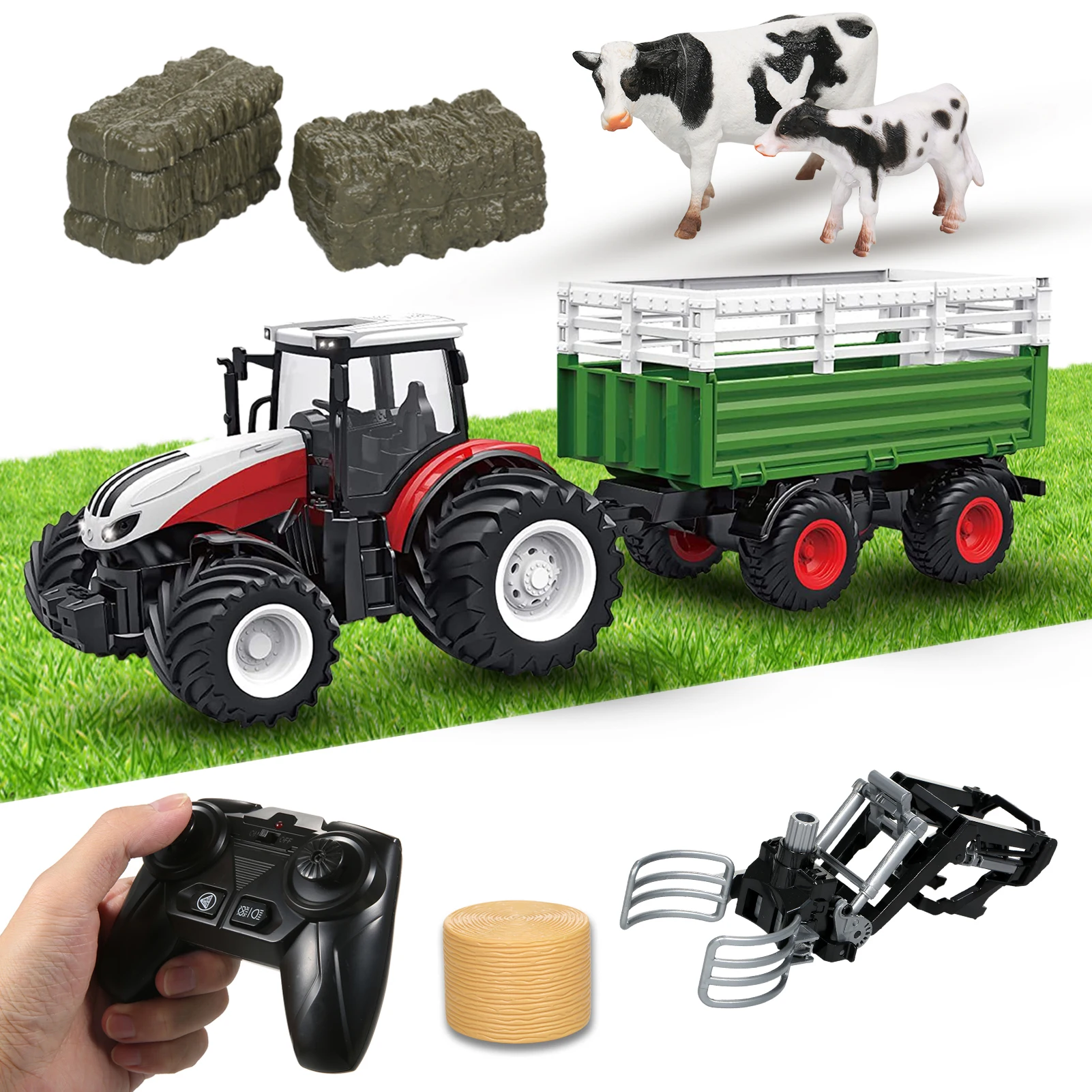 Remote Control Tractor, 1 : 24 Scale 2.4Ghz Remote Control Tractor Toy with Trailer Gripper Hay Bales Screwdriver Cows