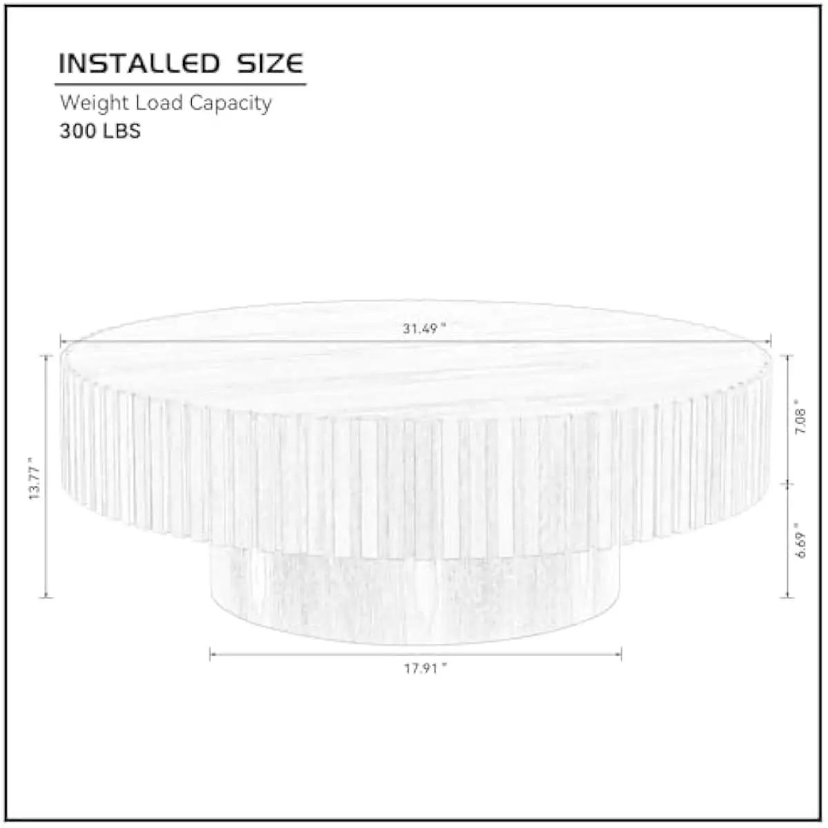 Round Fluted Center Table for Living Space – Solid Wood Top with Elegant Vertical Grooves, 31.5 Inch Diameter x 13.8 Inch Height
