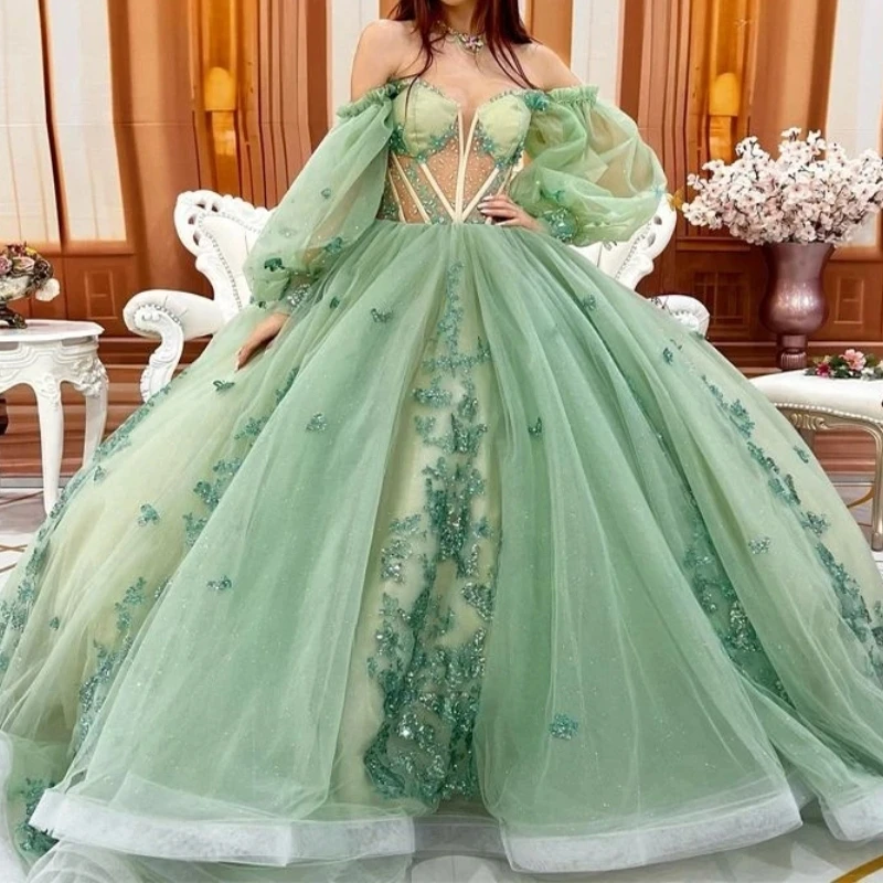 Sage Green Glitter Quinceanera Dresses Ball Gown Off The Shoulder Sequin Bow Beads Crystal Puffy Sleeve Sweet 16 Dress Vestidos