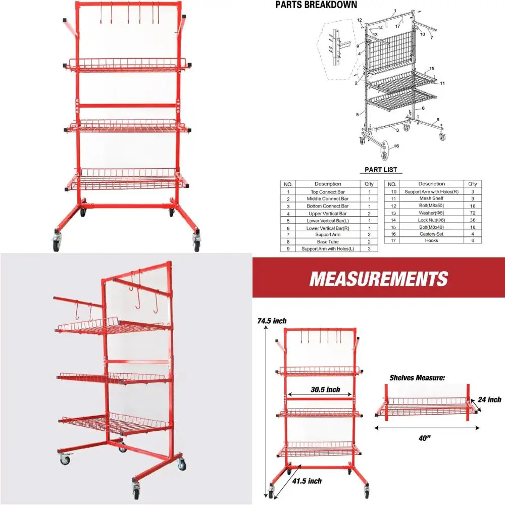 رف تخزين الأدوات المعدني الصناعي ذو 3 أرفف مع عجلات قفل لإدارة الأجزاء شديدة التحمل #1