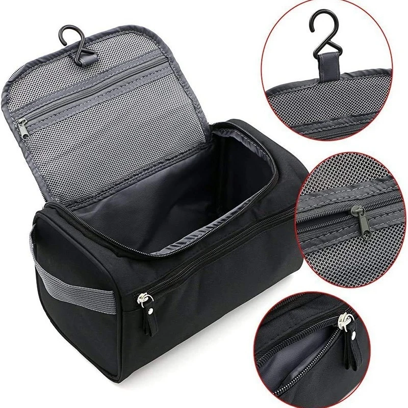 Sac de rangement pour articles de toilette et cosmétiques de grande capacité, idéal pour les personnes pressées, multifonctionnel avec crochet et fermeture éclair imperméable.