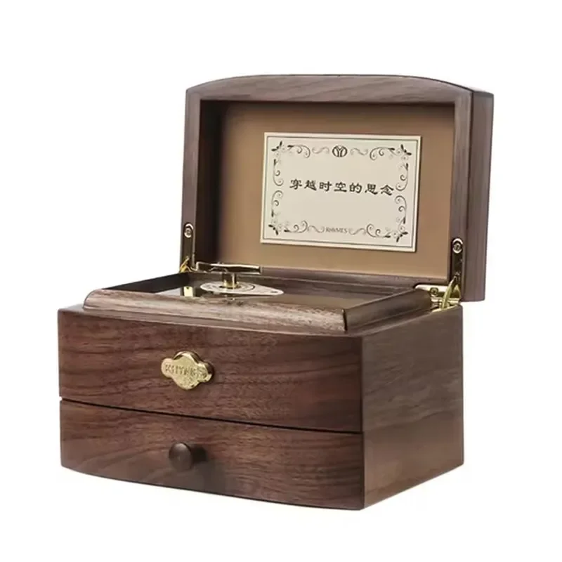 Multi Functional Dark Color Walnut Wood Storage Box with Flip Lid Double Layer Wood Music Box for Gift