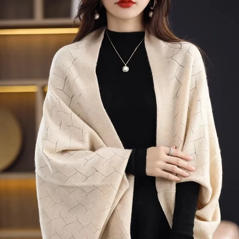 High Luxury Wool Knitted Shawl Scarf Dual-purpose Spring Autumn New Solid Color Loose Versatile Cardigan Sweater Outerwear Cape