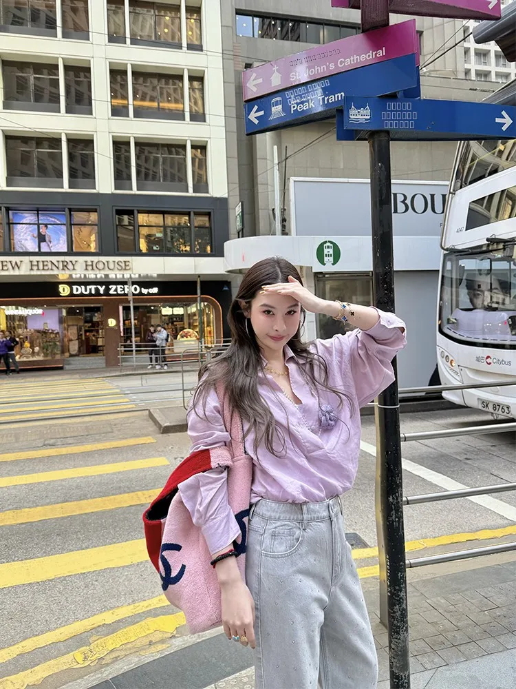 

Tingtings Beautiful Purple Long Sve Linen irt Women's Summer High Loose Personali Sunscreen irt Top V-ne Pure Color