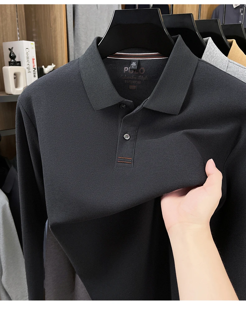 Hochwertiges Langarm-Poloshirt aus 100% Baumwolle für Herren, neue Luxus-Modemarke, Frühling/Herbst, luxuriöser Komfort, lässiges Business-T-Shirt. – Detail 20