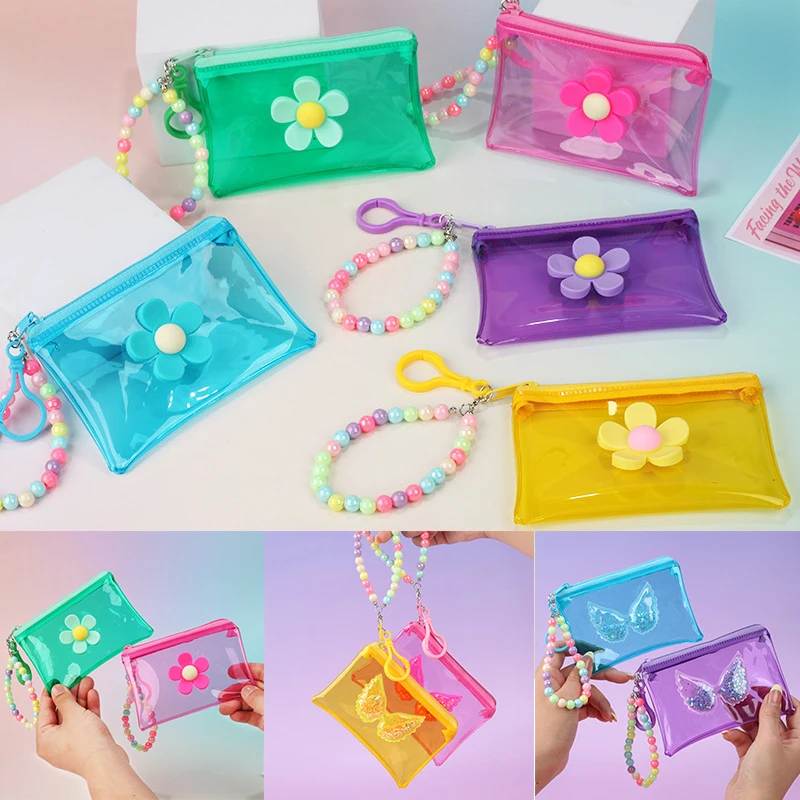 Candy Color Flowers Butterfly Coin Purse Clear PVC Waterproof Zipper Wallet Keychain Portable Card Bag Storage Bags Student Gift