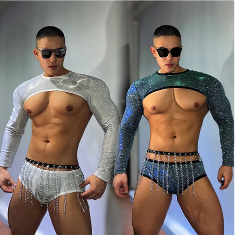 

Блестящая одежда для танцев на пилоне, клубный бар, мускулистый человек, костюм для джазовых танцев, костюм для взрослых, мужские топы с блестками, шорты, цепочки на талии yj974