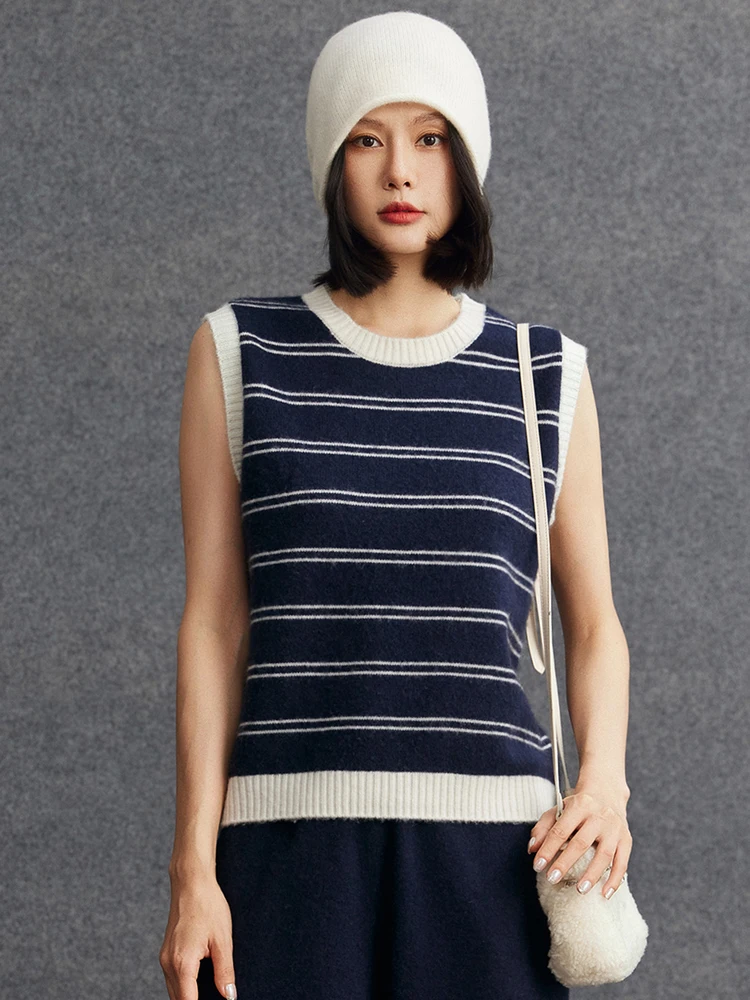 

Autumn Winter Retro 100% Cashmere Vest Kint Pullover Sweater O-neck Striped Loose Versatile Women's Cashmere Inner Coat Soft