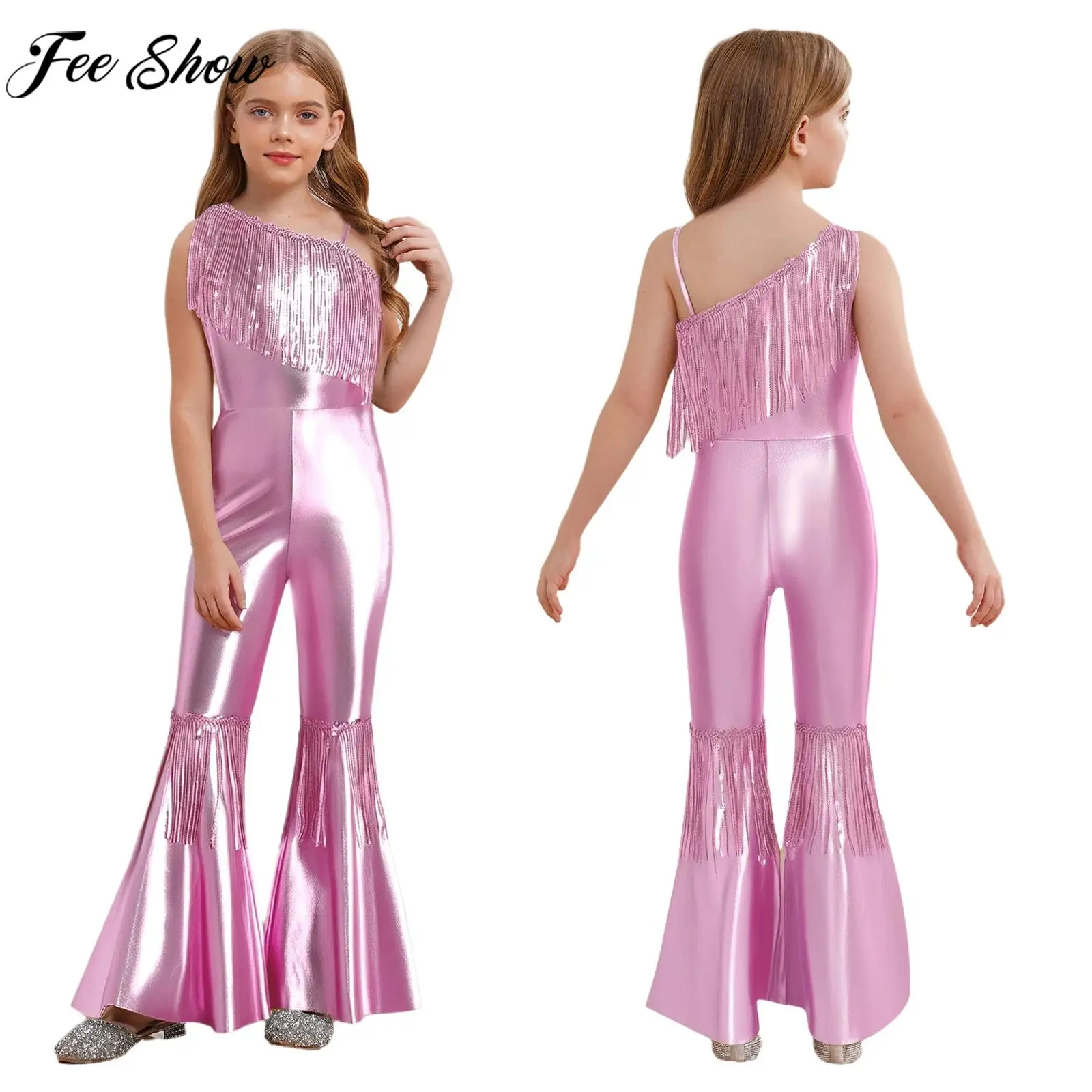 Kids Girls Movie Character Princess Cosplay Costume Metallic Shiny Sequin Tassel Bell-bottom Jumpsuit for Halloween School Party