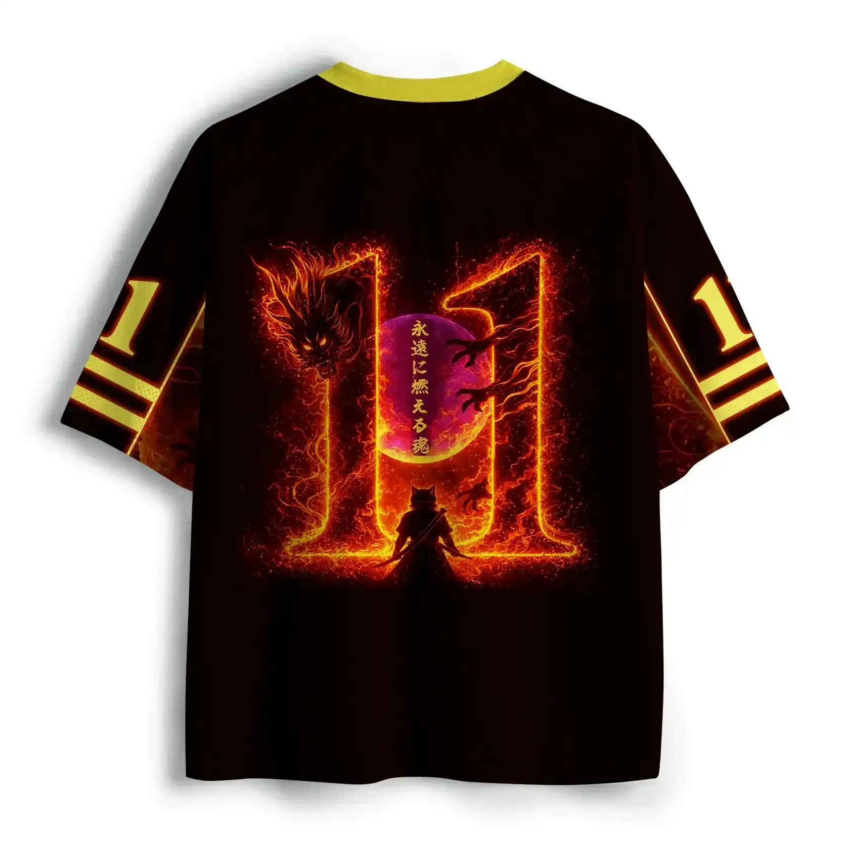 Retro Fantasy Fire Dragon Samurai V Neck Mesh Unisex Tee Short Sleeve Top, Fiery Mystic Graphic Fashion Loose Daily Street Wear