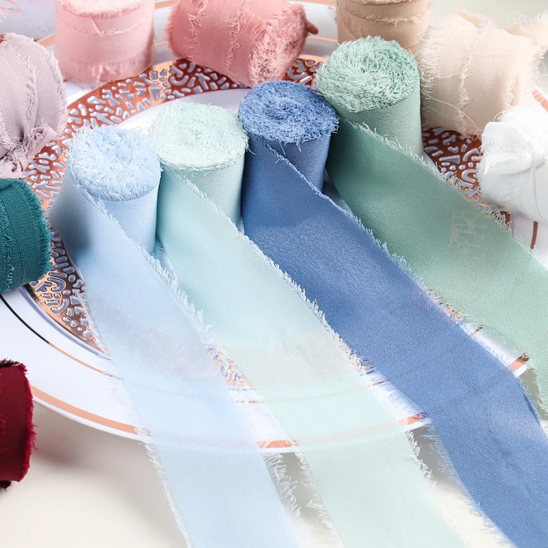 Cinta de seda satinada con bordes deshilachados hecha a mano, 5M, para envolver invitaciones de boda, ramos, decoraciones de fiesta de cumpleaños, regalos