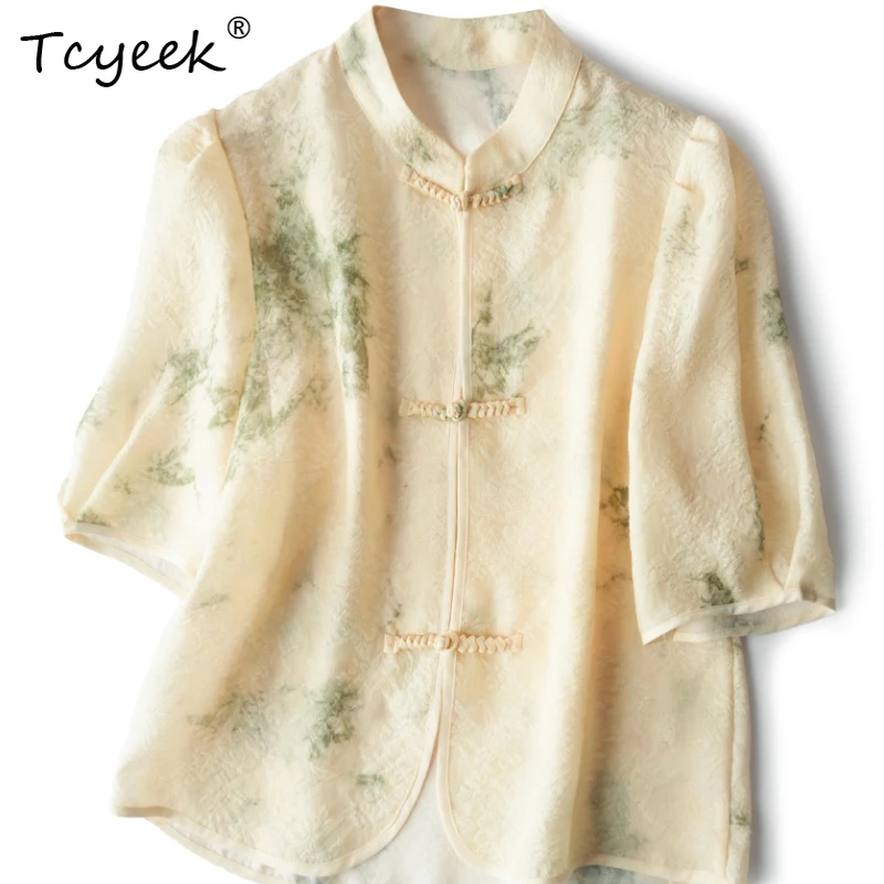 

Tcyeek 95% Mulberry Silk 5% Spandex Summer Thin New Chinese Style Stand Up Collar Short Sleeved Apricot Women Shirts חולצותנשים