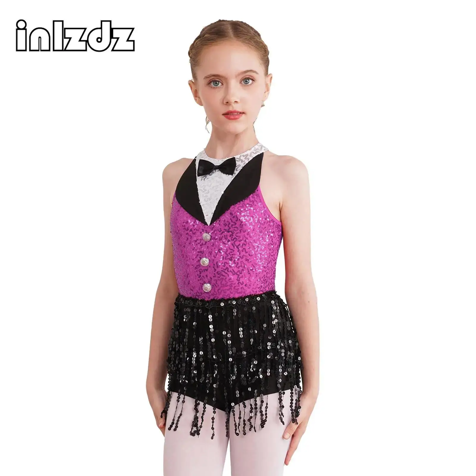 

Kids Girls Latin Jazz Dance Sequin Dress Sleeveless Back Keyhole Bow Sequin Tassel One-Piece Dancewear For Stage Performance
