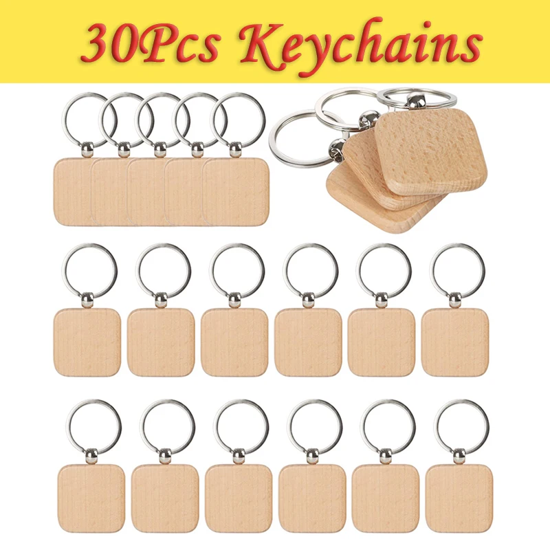 

30Pcs Square DIY Blank Wooden Key Chain Carved Key Ring Wooden Key Ring