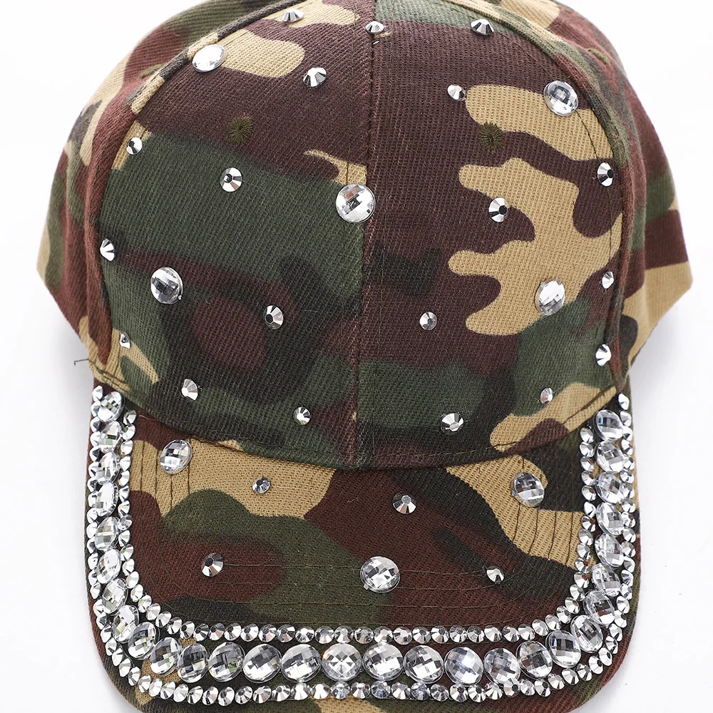 Camouflage Baseball Cap With Rhinestone Decor Military Green Snapback Peaked Hat Y2K Casual Dad Trucker Sunscreen Caps 3