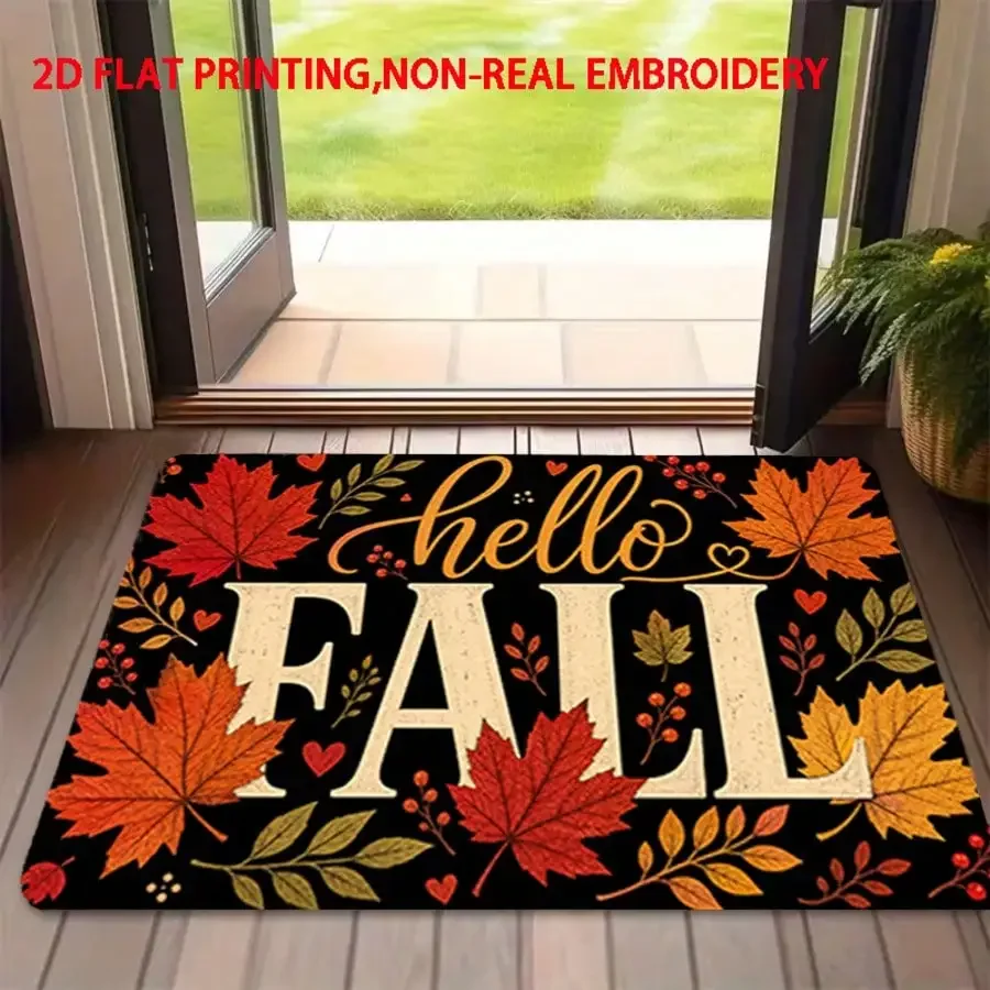1pc Hello Fall Autumn Themed Rug Suitable For Front Door, Living Room, Bedroom, Kitchen, Bathroom - Machine-Washable Indoor/Outdoor With Seasonal Decor, Durable Entry Mat Suitable For Porch, Hallway, Dog-Friendly Mat