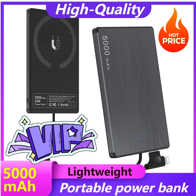 

Ultra-thin Magnetic Wired Power Bank with Built-in Cable, 0.6xCM 2-in-1 PD Fast Charging Mobile Power for Mobile Phones