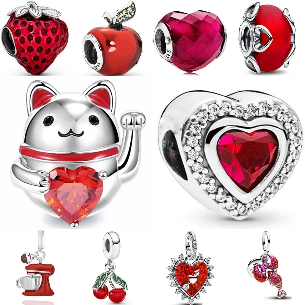 925 cuentas de fresa de manzana roja. Colgante de cereza langosta, adecuado para pulsera Original europea, joyería exquisita DIY para mujer
