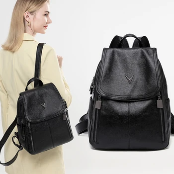 Black backpack women soft genuine leather vintage travel bag ladies anti-theft backpacks large capacity foldable backbag fashion