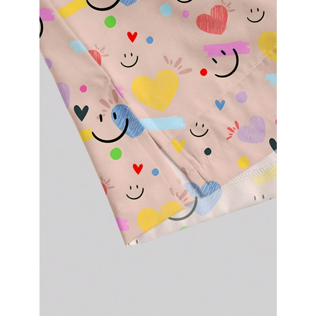 Rosa com decote em v manga curta bolso duplo fenda lateral adorável dos desenhos animados coração rosto impressão enfermeira médico trabalho uniforme roupas de manga curta