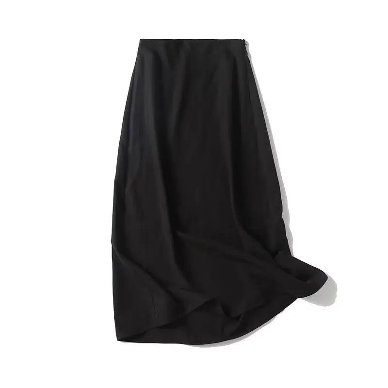 Withered French Minimalist Black Midi Skirts Womens Cotton Linen Skirt Women Fashion Commuter High Waist Straight