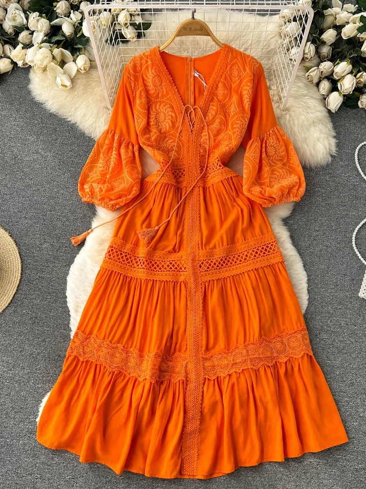 New Women Lantern Sleeved Elegant Dress Summer French Hollowed Out Mid Length Dresses Korean Style Vintage Long Dress