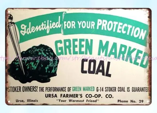 home interior items Ursa, Ill. Farmer's co-op green marked coal metal tin sign