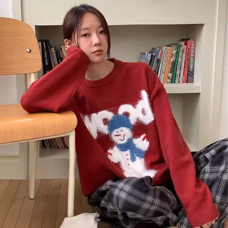 

2025 Lazy Wind Hot Sale Winter New Christmas Style Atmosphere Snowman Pattern Hoodie Loose Knitted Sweater for Women