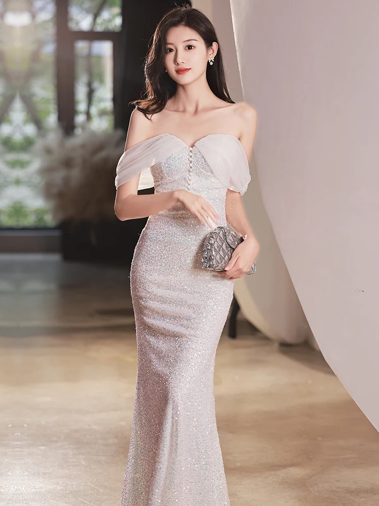 

Elegant One-Shoulder Evening Gown Women's High-End Sensation White Beautiful Luxury Hostess Fish Tail Skirt for Annual Confer...