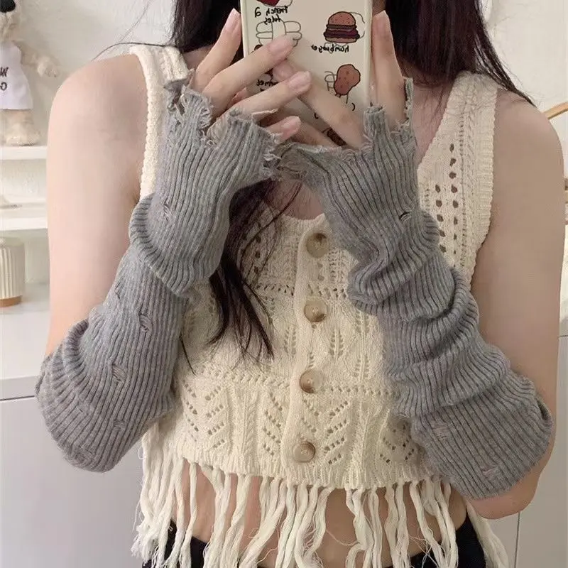 Calentador de brazo sólido para mantener el calor, guantes para mujer, mano elegante Y2k, tejido con agujeros estéticos, puños de manga sin dedos góticos Punk japoneses