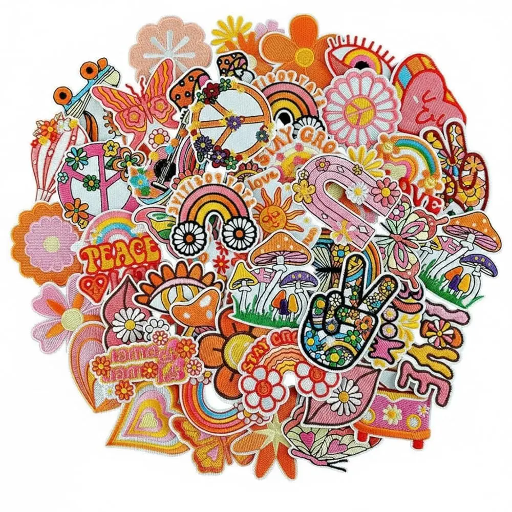 

48 Pcs Hippie Iron on Patches Bulk Retro Boho Vintage Iron on Patches for Clothes Spring Applique Embroidered Sew on for Bac
