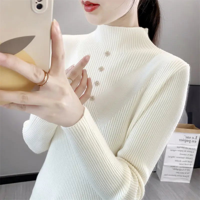 Knitted Women's Clothing Half High Collar Rivet Screw Thread Solid Color Pullover Long Sleeve Sweater Autumn Winter Stylish Tops