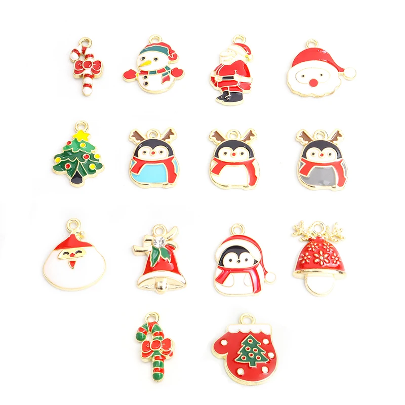 10pcs Mix Christmas series Enamel Charms Lovely Cartoon Christmas Tree Santa Claus Snowman Penguin DIY Jewelry Xmas Gift Pendant