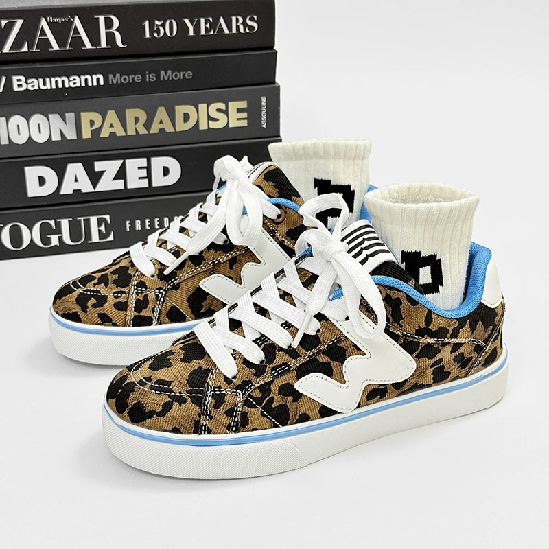 

Fashion Design Leopard Men's Shoes Quality Low Cut Student Skateboard Shoes Man Casual Shoes Lace-Up Flat Women Vulcanize Shoes