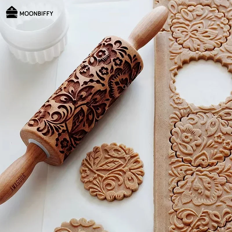 Christmas Rolling Pins Rock Snowflake Elk Wooden Rolling Embossing Baking Cookies Biscuit Fondant Cake Patterned Roller 35*5cm