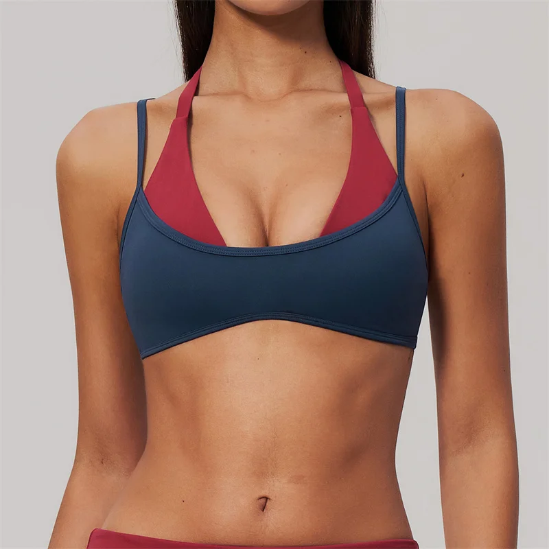 TRY TO BN Women Dual‑Strap Halter Yoga Bra Mock Two‑Piece Color‑Block Sports Underwear Fitness Tops Running Workout Gym Clothes