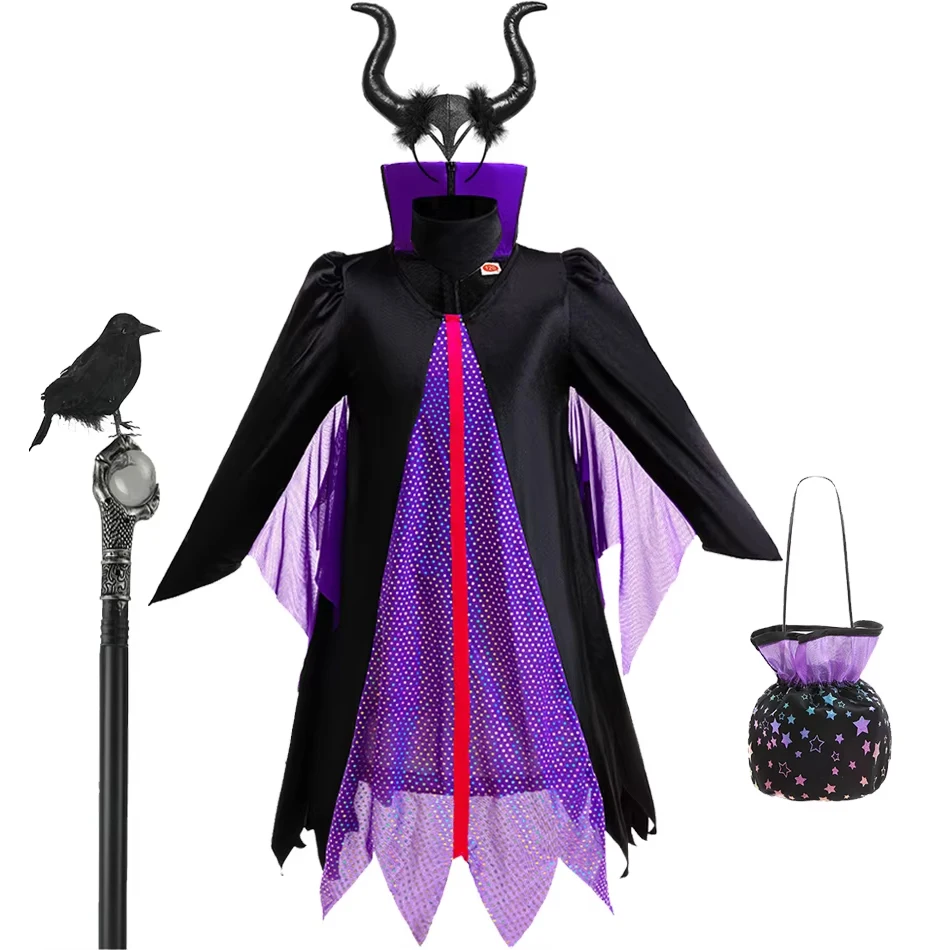 

Kids Halloween Costume Girls Cartoon Cosplay Dress Children Fancy Witch Disguise Robe Carnival Devil Queen Dot Tulle Frocks